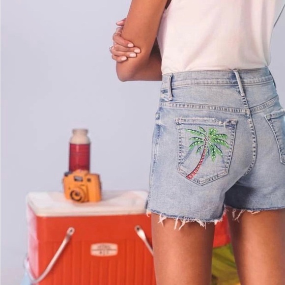 MOTHER Light Blue Jean Shorts with Palm Tree Design